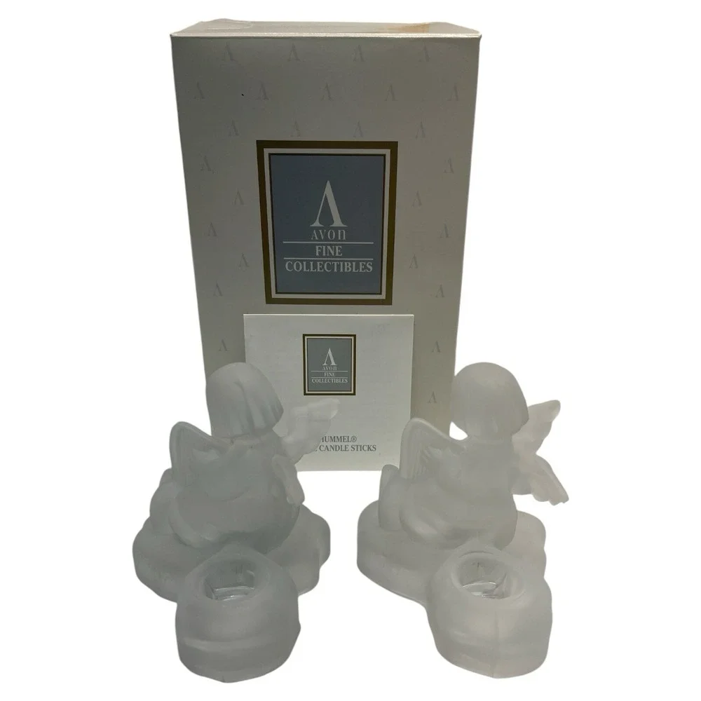 1995 Avon 24% Lead Crystal M.I Hummel Frosted Candlesticks  Angels Cherubs Harps